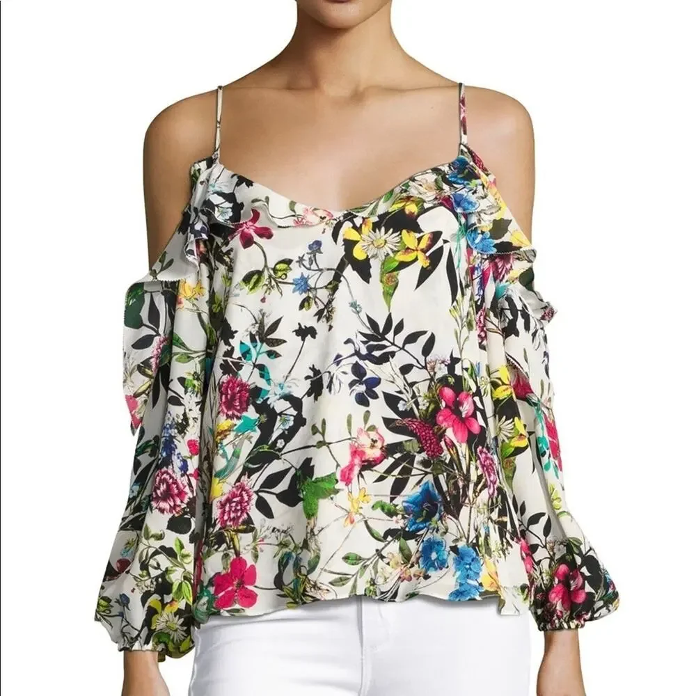 Parker Clark Floral Print Silk Blouse Cold Shoulder Long Sleeve Size Medium